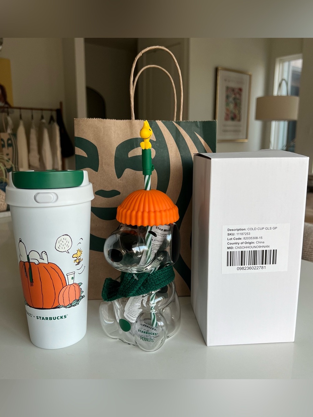Starbucks Peanuts Snoopy Glass Cup & Great Pumpkin Tumbler Set